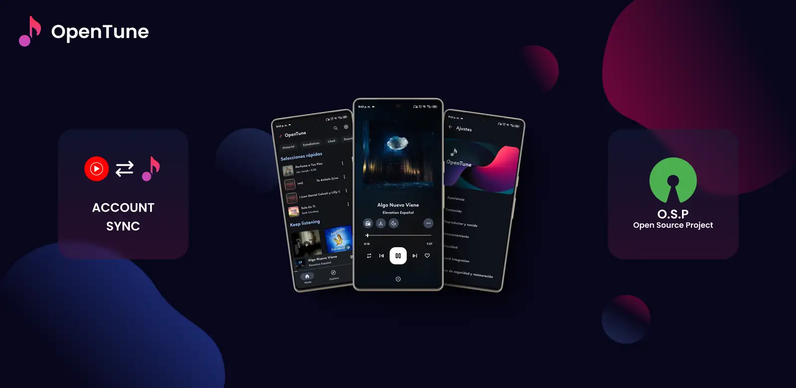 OpenTune Android player and settings screens used as product context for the update guide