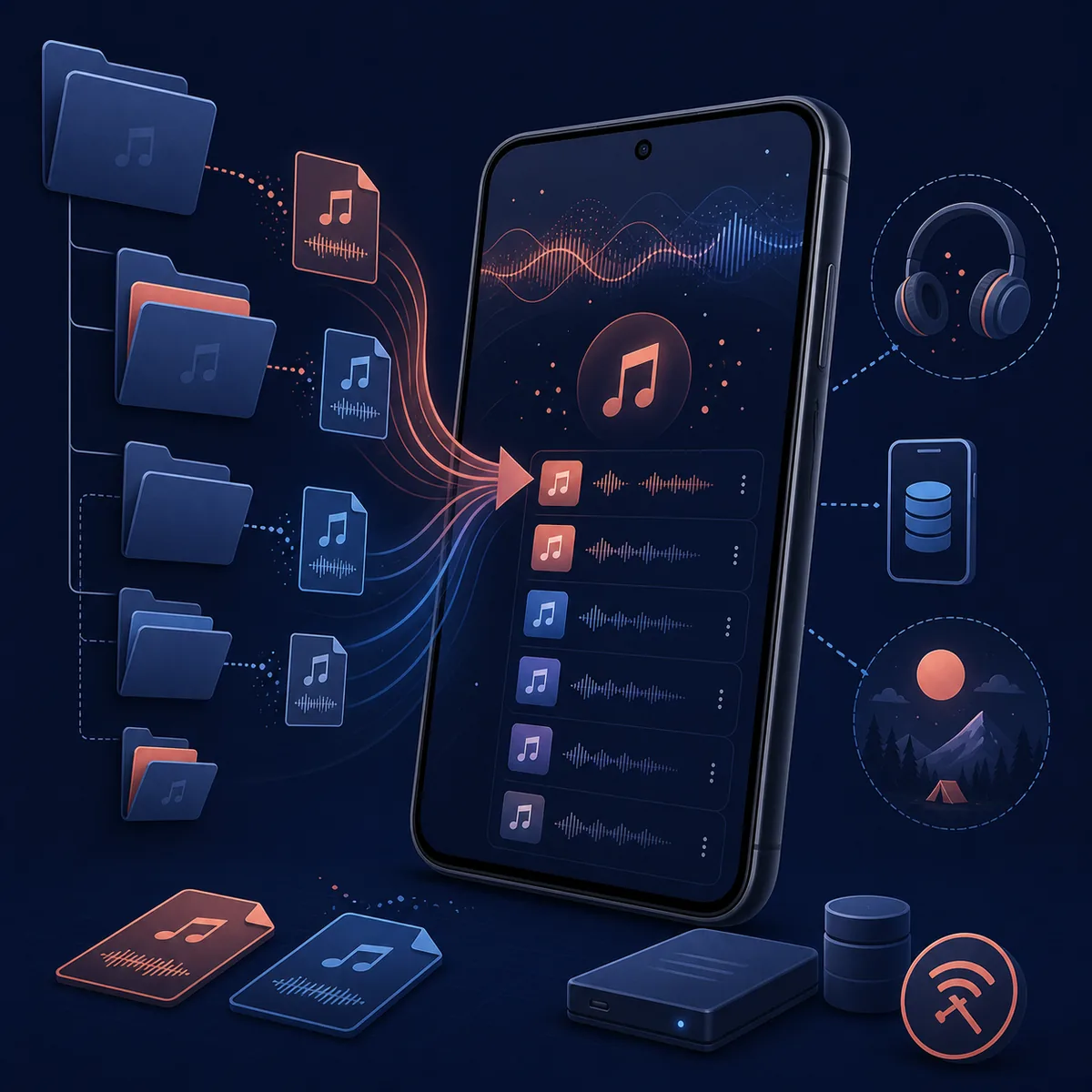 Editorial illustration showing selected Android folders flowing into a local music library