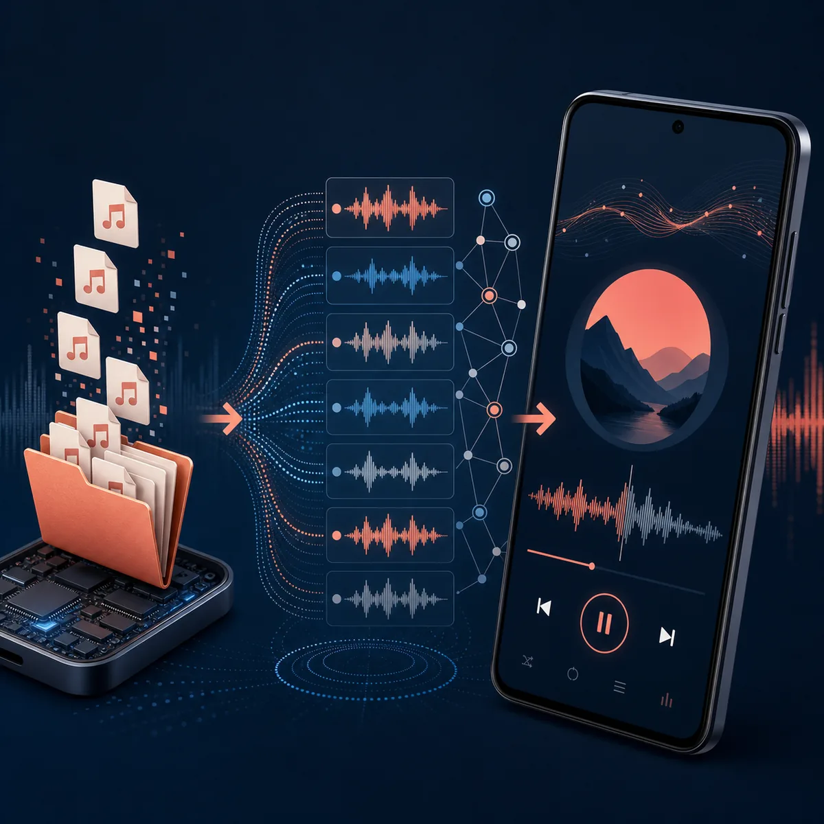 Editorial illustration showing local audio files being indexed into an on-device OpenTune library