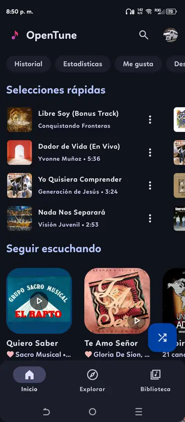 OpenTune home screen with music recommendations and bottom navigation
