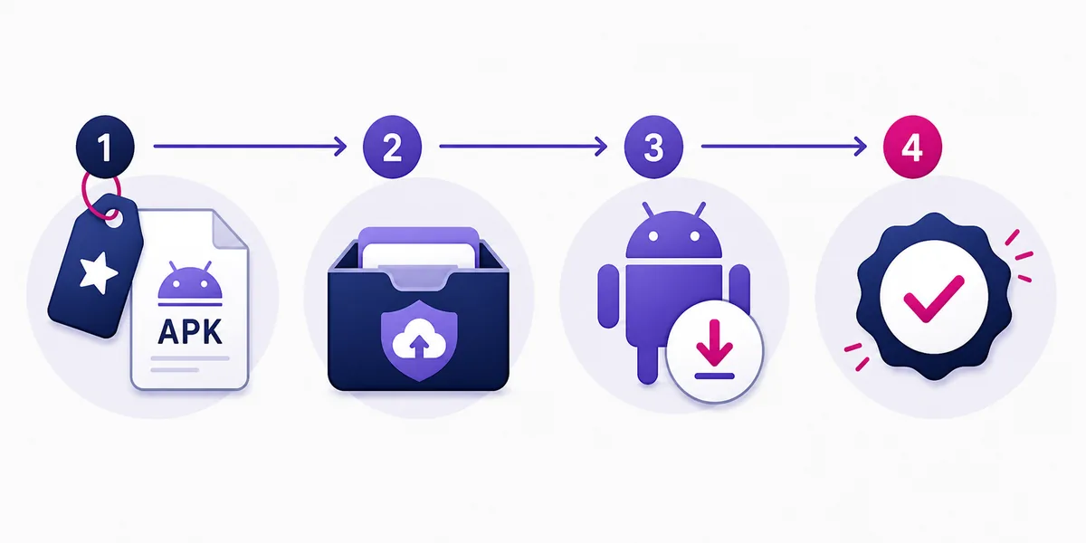 Editorial four-step illustration for checking, backing up, installing and testing an Android APK update